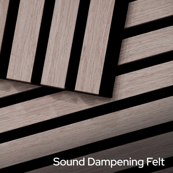 Sound dampening felt with wooden slats and text overlay