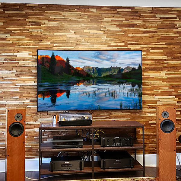 TV mounted on a wooden wall with speakers and entertainment console below.