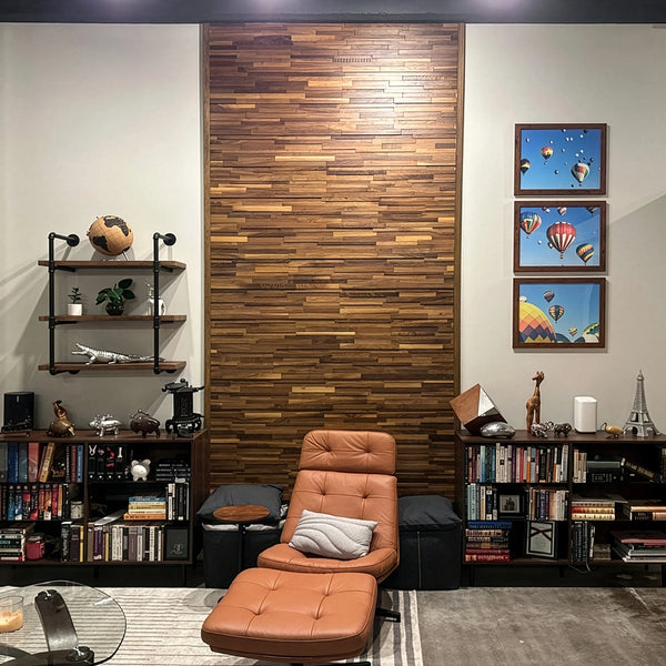 Living room with brown leather chair, bookshelves, and decorative items.