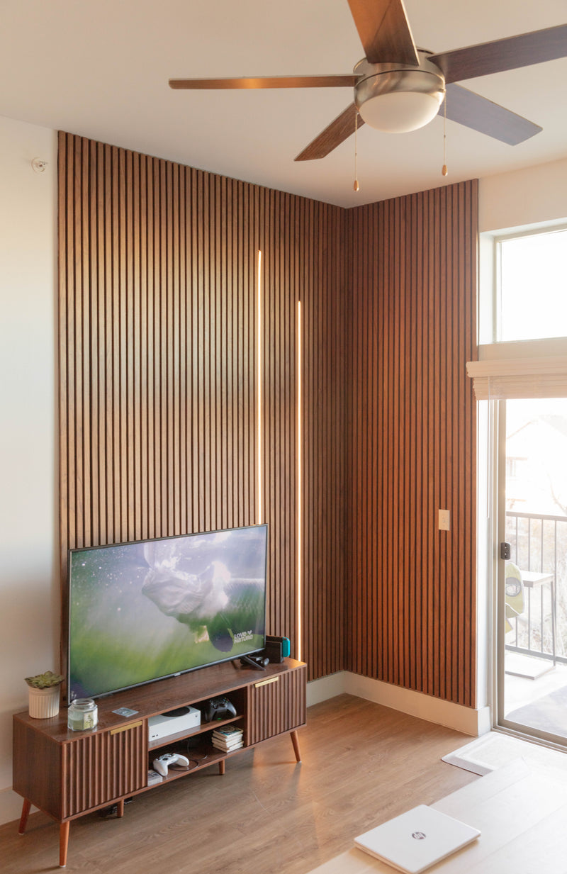 After room transformation with wood slat panels