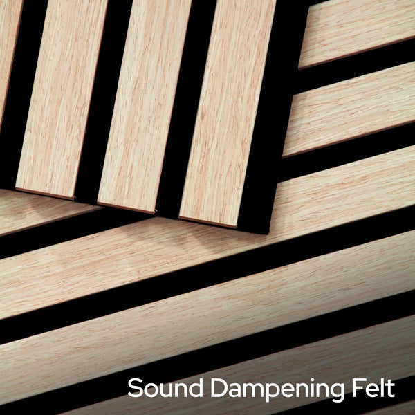 Wooden slats with black separators and 'Sound Dampening Felt' text.