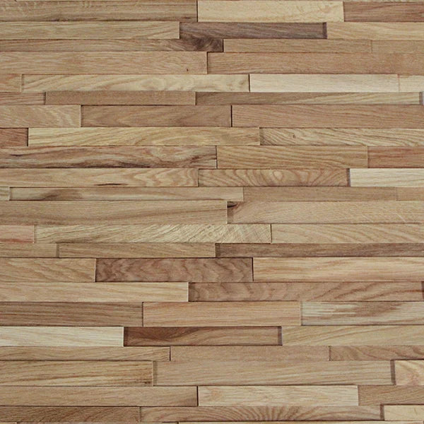 Wooden panel with horizontal slats of varying widths and colors.