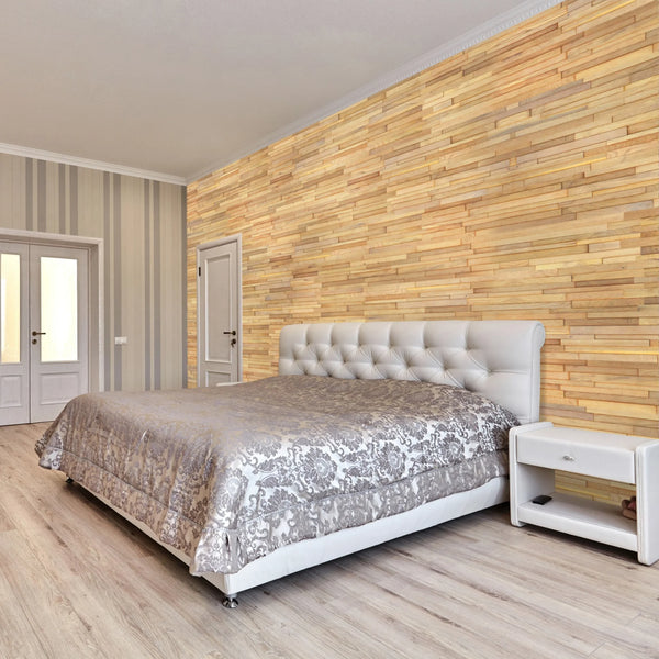 Modern bedroom with wooden wall paneling, bed, and nightstand.